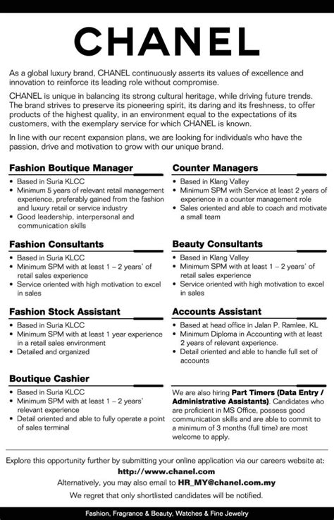 chanel temp fragrances careers ny|Chanel job description.